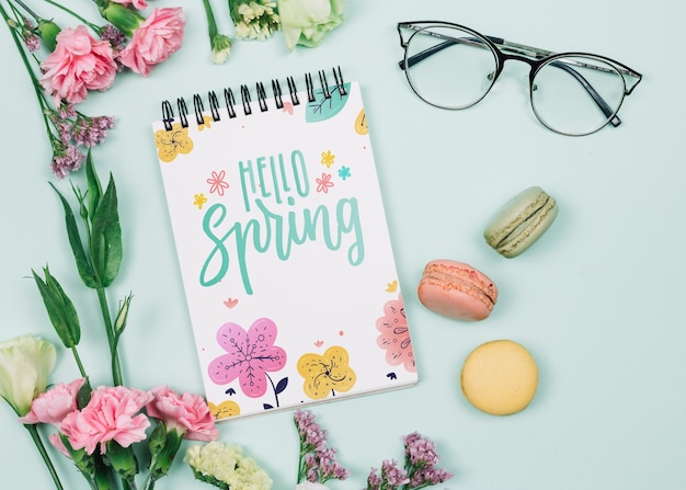 Download Flat lay notepad mockup with spring concept | Free PSD File PSD Mockup Templates