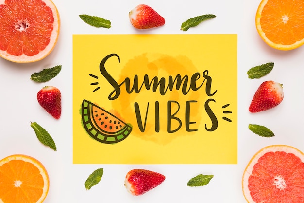 Flat lay paper card mockup with summer fruits Free Psd
