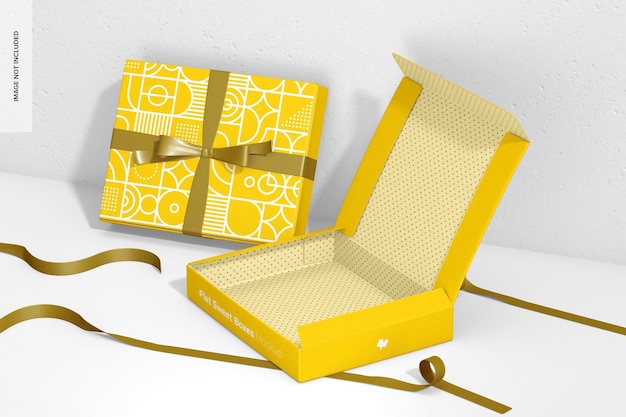  Flat sweet boxes with ribbon mockup, right view