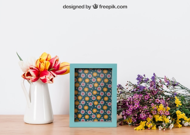 Download Floral mockup of blue frame | Free PSD File