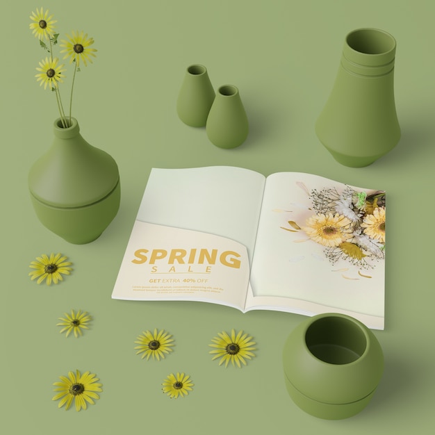 Flowers Vases In 3d With Spring Card Mock Up Free Psd File