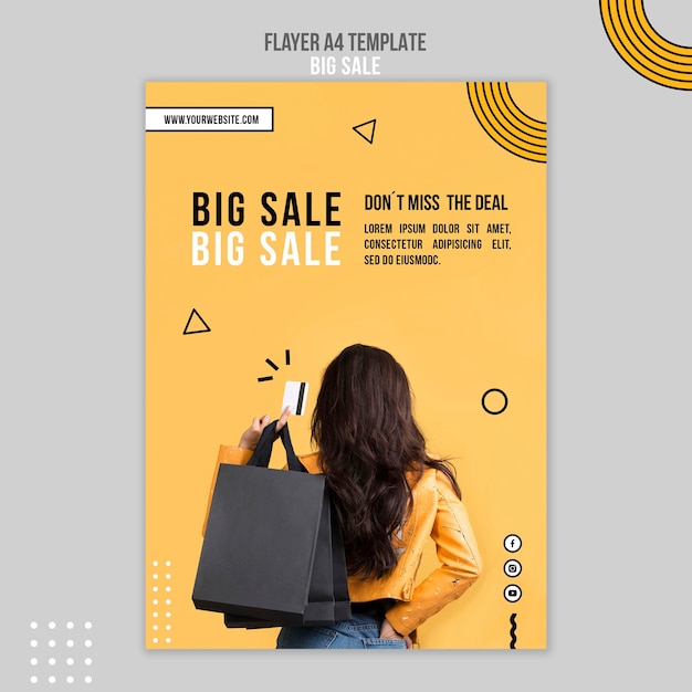 Free PSD | Flyer template for big sale with woman and shopping bags