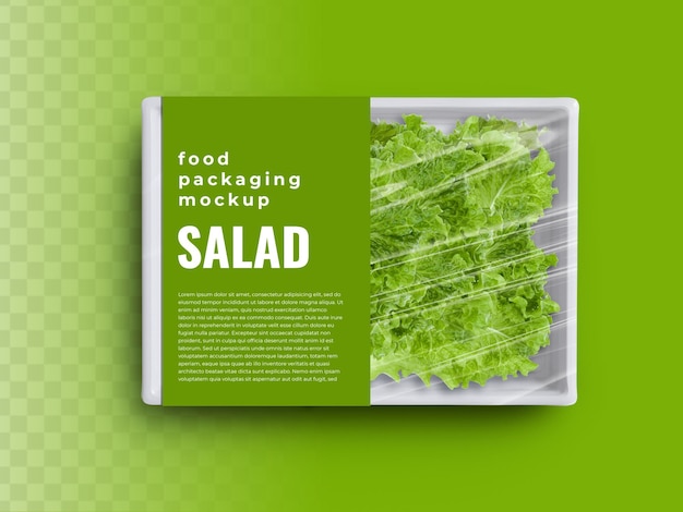 Download Premium Psd Food Box Tray Container Mockup With Organic Green Salad In Plastic Wrapping Packaging Paper Label