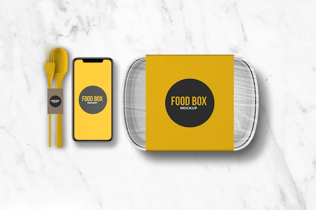 Download Food takeaway box with smartphone & cutlery mockup ...