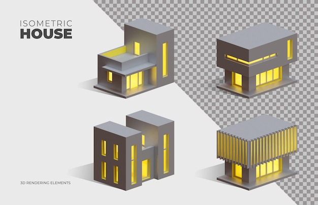 Premium PSD | Four isometric 3d rendering isolated elements of box houses