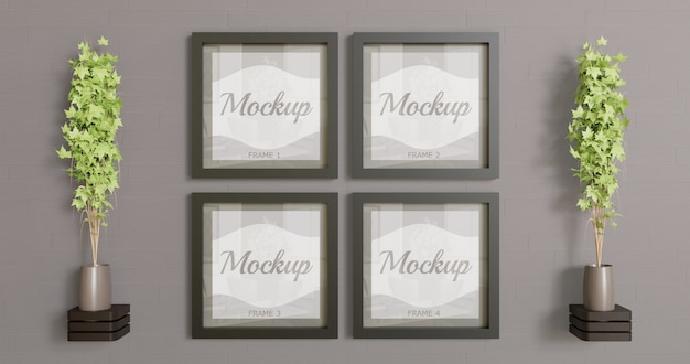 Download Four square frame mockup on the wall. multiple black frame ...