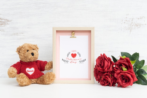 Download Frame and cute bear with bouquet of red roses mockup PSD ...