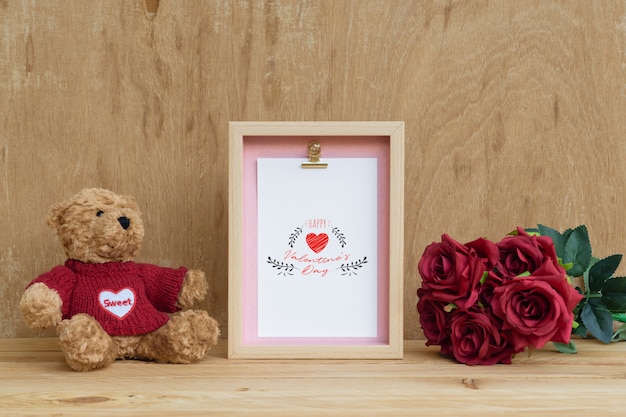 Download Frame and cute bear with bouquet of red roses mockup PSD ...