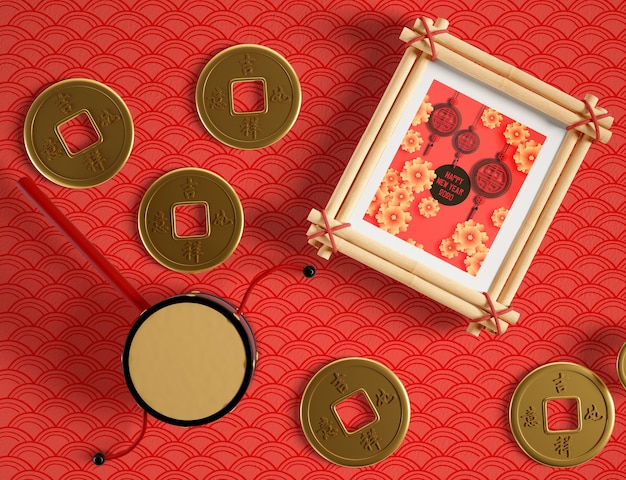 Download Frame mock up and chinese golden coins PSD file | Free Download
