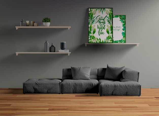 Download Free PSD | Frame mock-up on shelf in living room