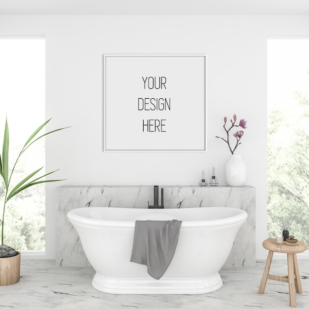 Download Frame mockup in bathroom with white square frame | Premium PSD File