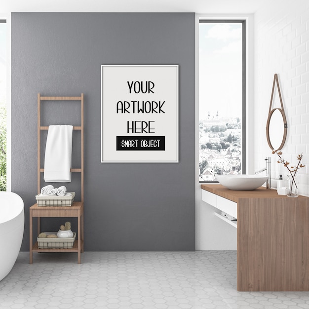 Download Frame mockup, bathroom with white vertical frame, scandinavian interior | Premium PSD File