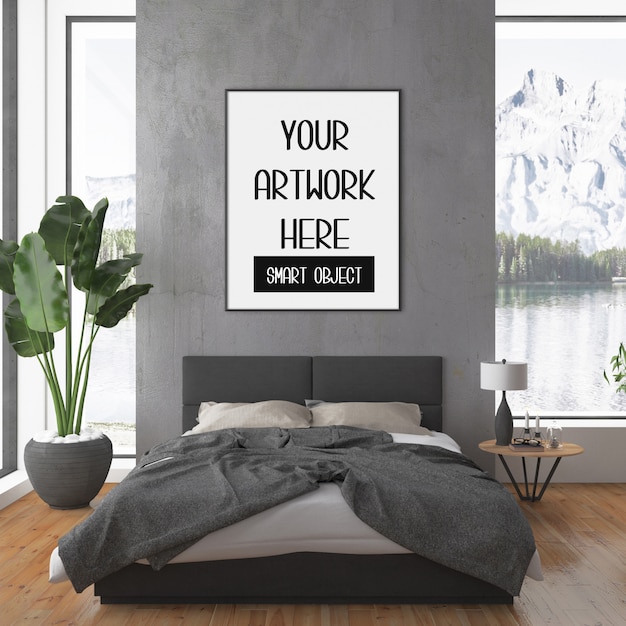 Download Frame mockup, bedroom with black vertical frame, scandinavian interior | Premium PSD File