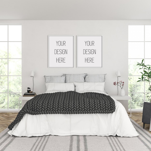 Frame mockup, bedroom with double white frames