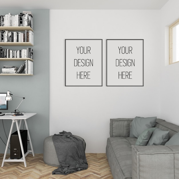 Download Frame mockup, home office with double black frames, scandinavian interior | Premium PSD File