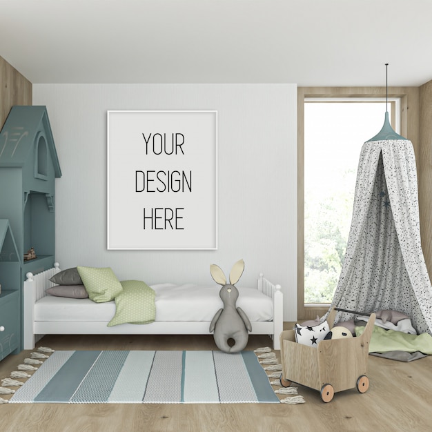 Download Premium PSD | Frame mockup in kids room with whites ...