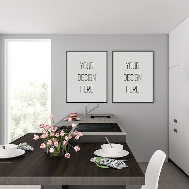 Download Frame mockup in kitchen with black vertical frames | Premium PSD File