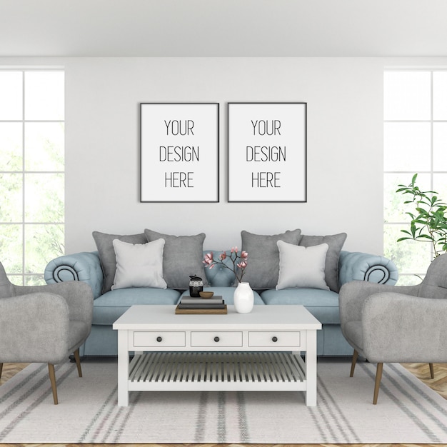 Download Frame mockup, living room with black double frames, classic interior | Premium PSD File