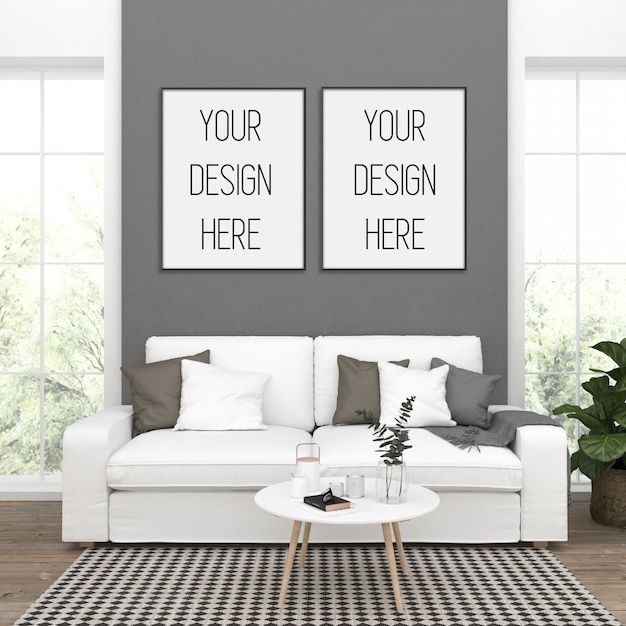 Frame mockup, living room with black double frames, scandinavian interior | Premium PSD File