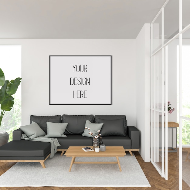 Download Frame mockup in living room with black horizontal frame ...