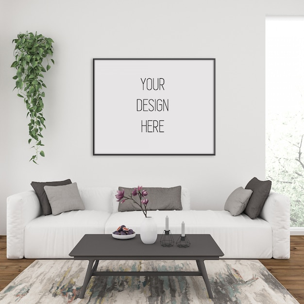 Premium PSD | Frame mockup in living room with black horizontal frame