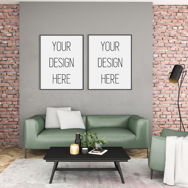 Download Premium PSD | Frame mockup, living room with double black frames, scandinavian interior