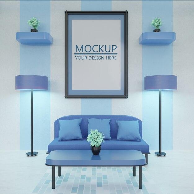 Download Frame mockup on modern and minimalist blue living room | Premium PSD File