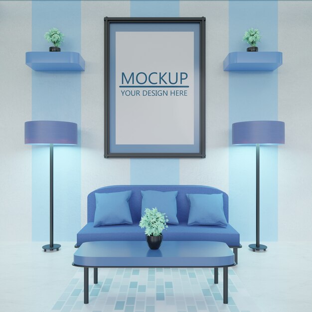 Download Frame mockup on modern and minimalist blue living room ...