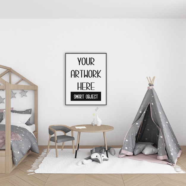 Download Premium Psd Frame Mockup Nursery Room With Black Vertical Frame Scandinavian Interior PSD Mockup Templates