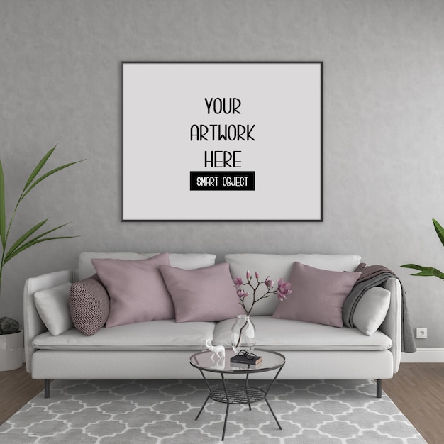 Download Frame mockup, room with black horizontal frame, scandinavian interior | Premium PSD File