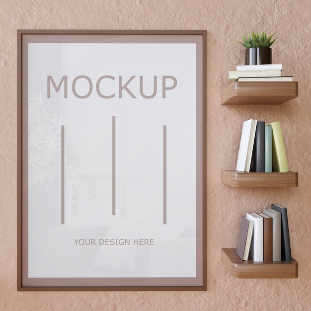 Download Frame mockup on wall with book wall shelf, horizontal ...
