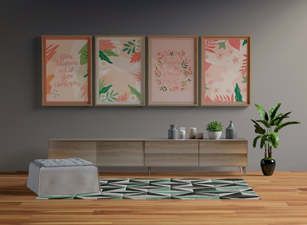 Free PSD | Frames mock-up hanging in the living room