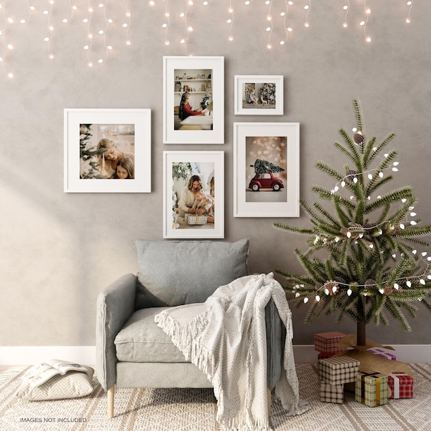 Premium PSD | Frames mockup design on wall with christmas tree in 3d ...