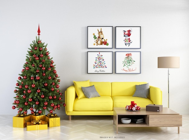 Premium PSD | Frames mockup design on wall with christmas tree in 3d ...