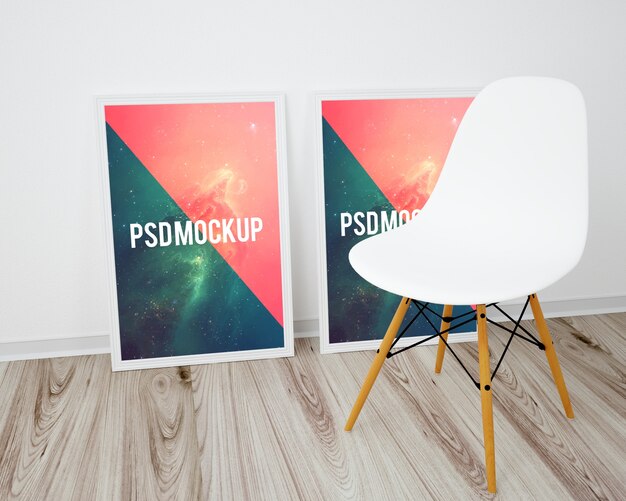 Download Free Psd Frames On Wooden Floor And White Chair Mock Up