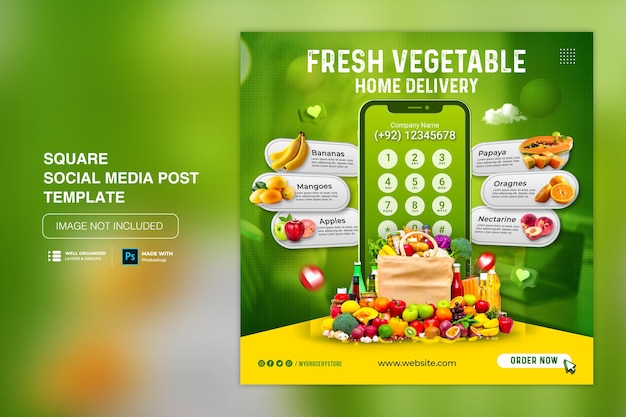 Fresh grocery vegetable delivery social media post promotion template Premium Psd