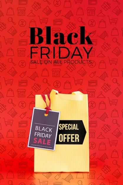 Front view of black friday concept on red background Free Psd