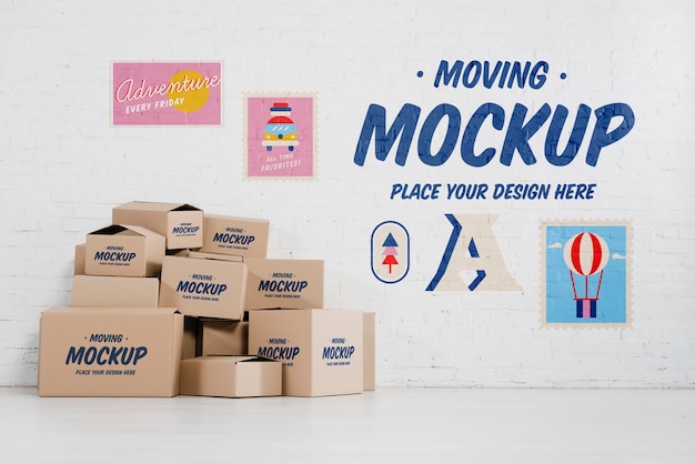 Free PSD | Front view of many moving boxes mock-up