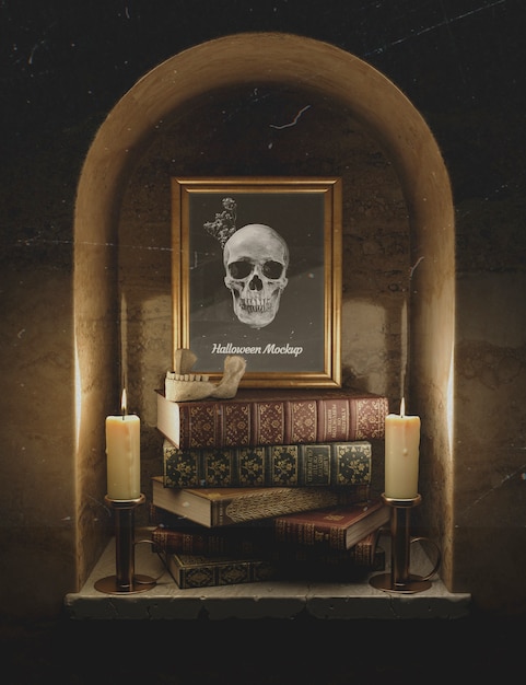 Front view mock-up frame with skull and pile of books Free Psd