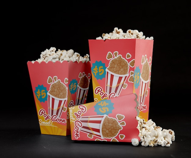 Free PSD | Front view of three cinema popcorn cups