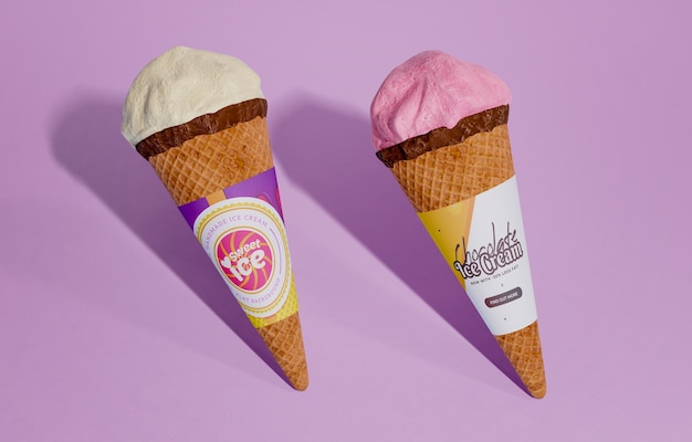 Front view of two different flavored ice cream cones | Free PSD File