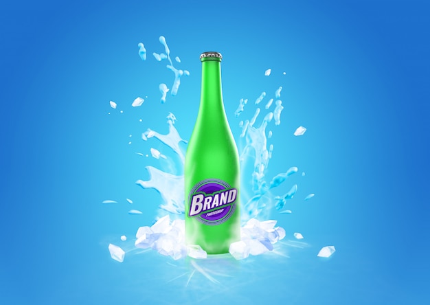 Download Premium PSD | Frozen glass bottle drink splash mockup advertising
