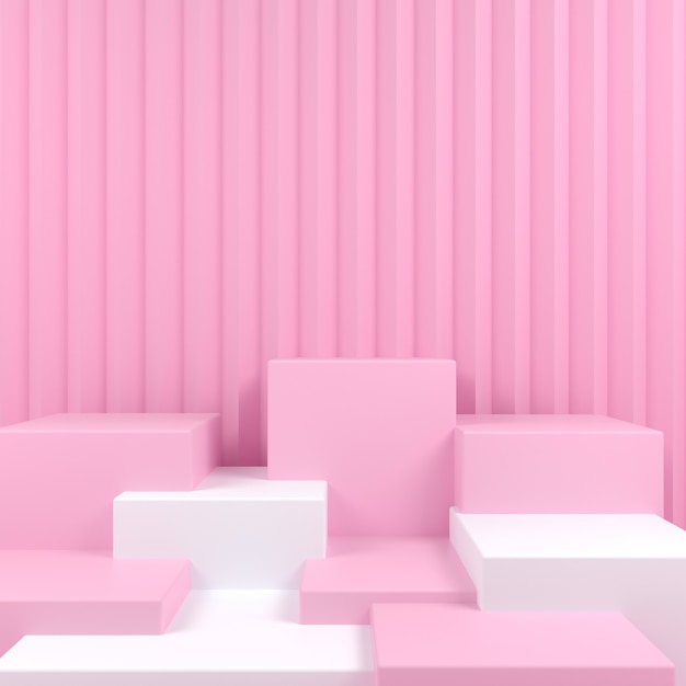 ピンクのパステル背景のモックアップで幾何学的な形の白い表彰台のディスプレイ プレミアムpsdファイル