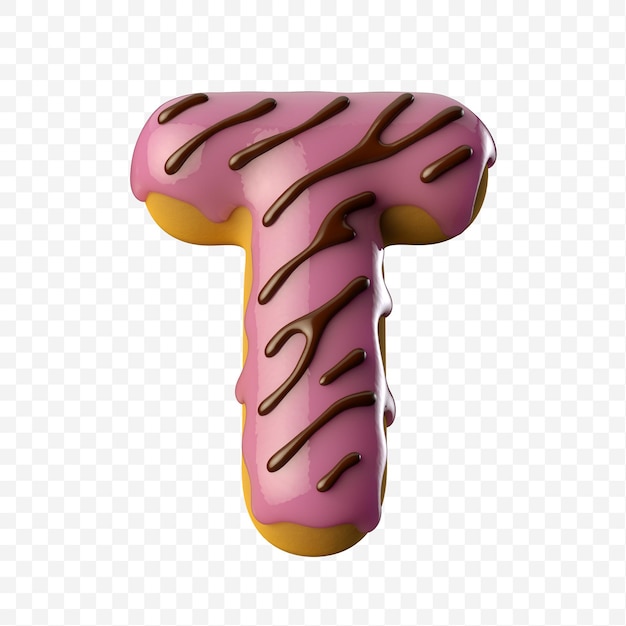 Premium PSD | Glazed pink donut with chocolate letter t 3d illustration