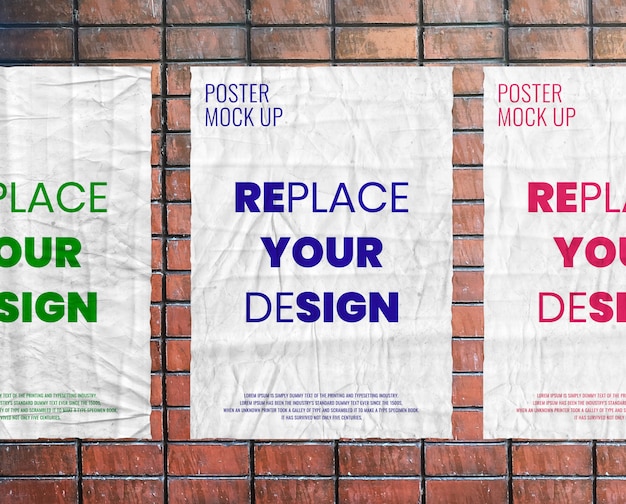 Download Glued wrinkled poster mockup on brick wall realistic | Premium PSD File