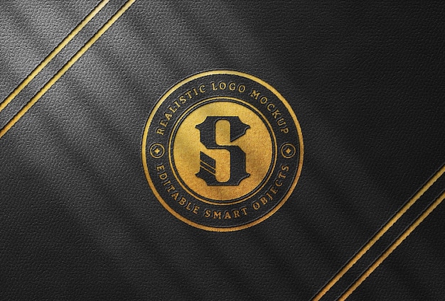  Gold pressed logo mockup on black leather