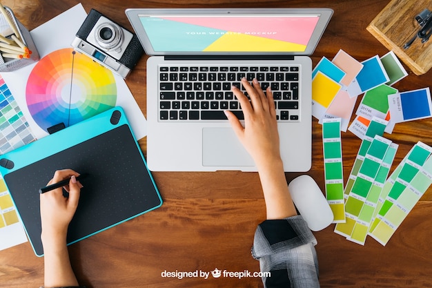 Download Graphic designer top view mockup with laptop PSD file ...