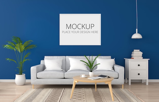 Premium PSD | Gray sofa in classic blue living room for mockup