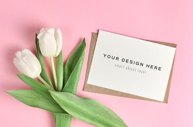 Download Premium PSD | Greeting card mockup with white tulip flowers bouquet on pink background