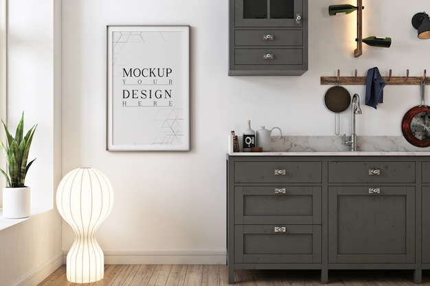 Grey minimalist kitchen with frame photo mockup Premium Psd